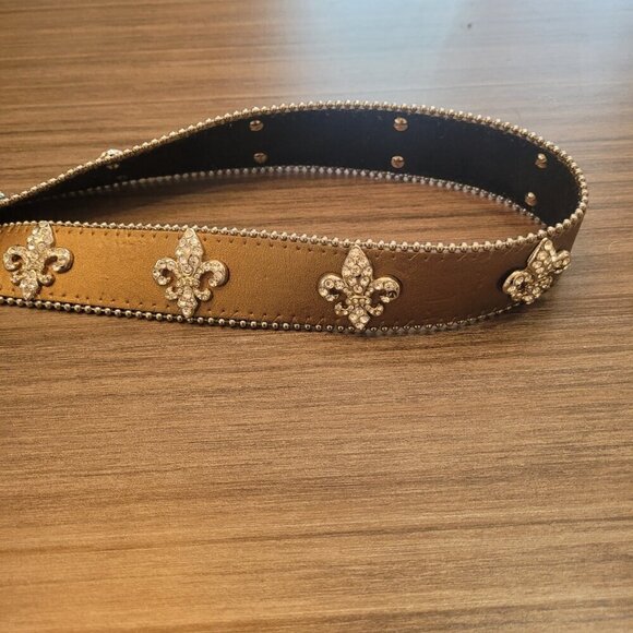 Leather Bronze Fleur De Lis Western Rhinestone Belt - Picture 12 of 15